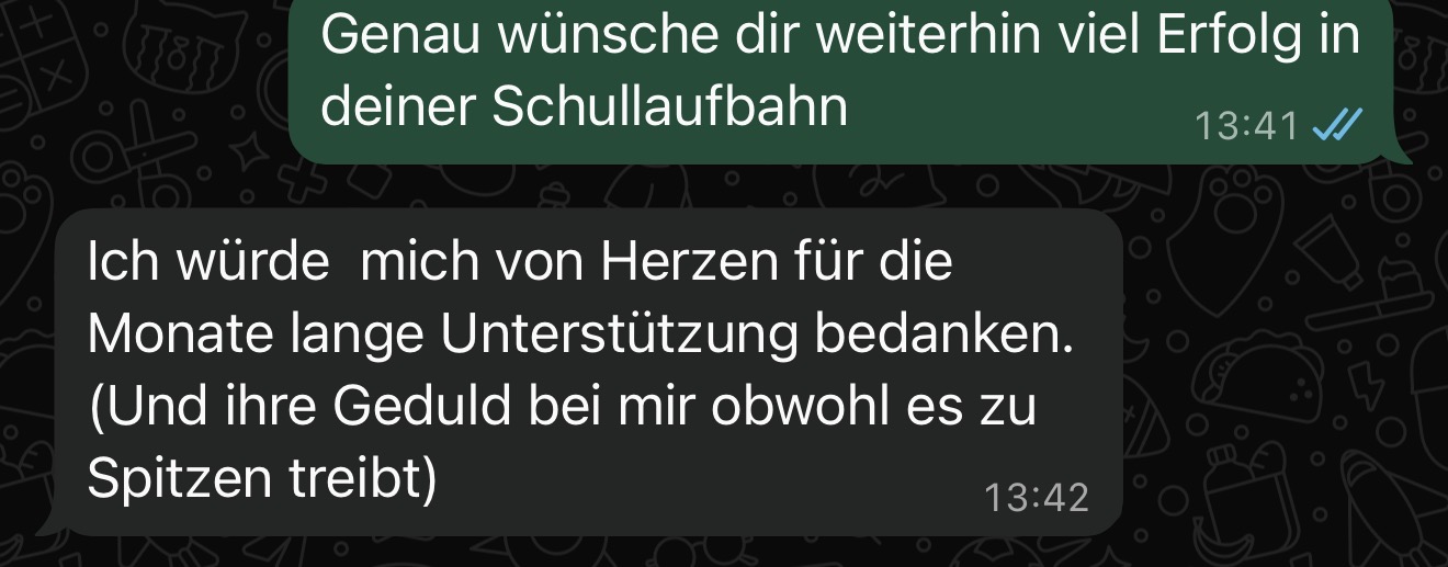 Anonymisierte Dankesnachricht für monatelange Unterstützung und Geduld